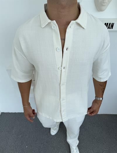 %100 PAMUK YIKAMALI KISAKOL OVERSİZE GÖMLEK BEYAZ