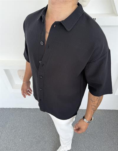 %100 PAMUK YIKAMALI KISAKOL OVERSİZE GÖMLEK SİYAH