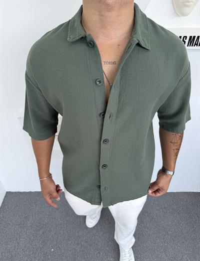 %100 PAMUK YIKAMALI KISAKOL OVERSİZE GÖMLEK HAKİ