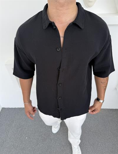 %100 PAMUK YIKAMALI KISAKOL OVERSİZE GÖMLEK SİYAH