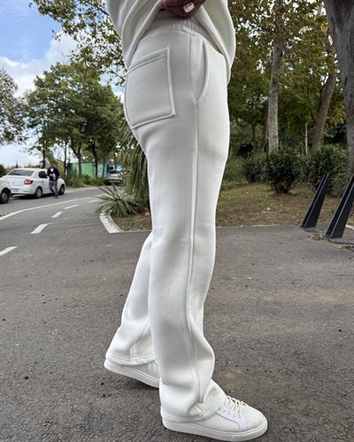 3 İPLİK ŞARDONLU BAGGY KALIP PANTOLON BEYAZ