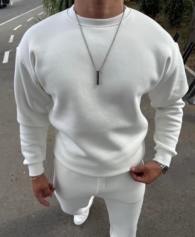 3 İPLİK ŞARDONLU BİSİKLET YAKA SWEATSHİRT BEYAZ