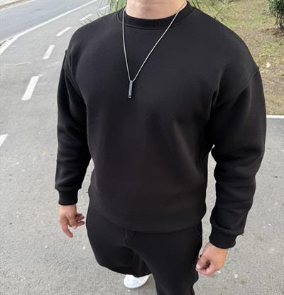 3 İPLİK ŞARDONLU BİSİKLET YAKA SWEATSHİRT SİYAH