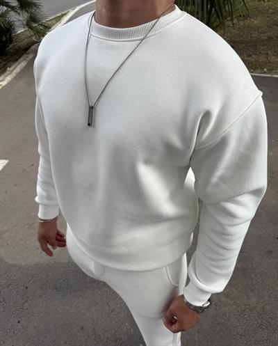 3 İPLİK ŞARDONLU BİSİKLET YAKA SWEATSHİRT BEYAZ