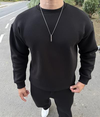 3 İPLİK ŞARDONLU BİSİKLET YAKA SWEATSHİRT SİYAH