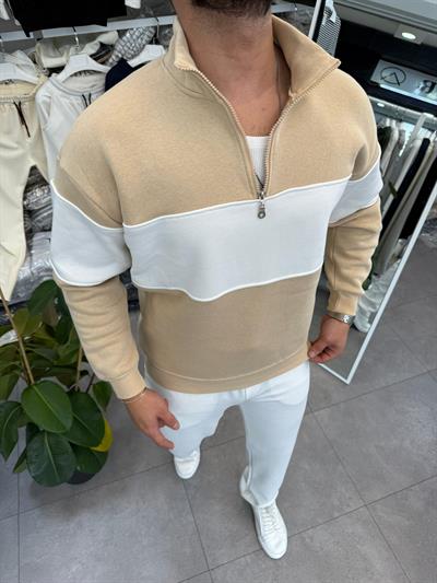 3 İplik Şardonlu Yarım Fermuar Parça Detaylı Sweatshirt Bej