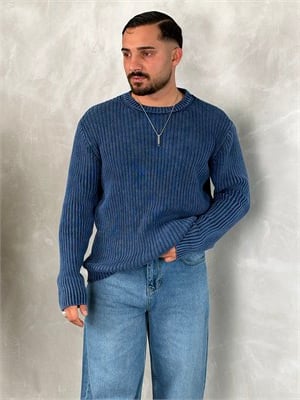 Asit Yıkama %100 Triko Bisiklet Yaka Sweatshirt Lacivert