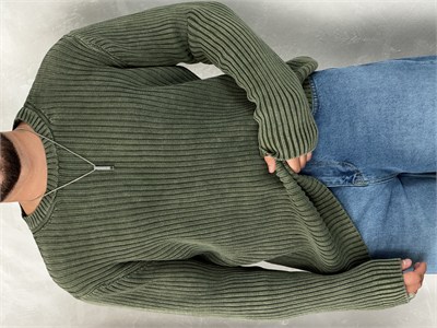 Asit Yıkama %100 Triko Bisiklet Yaka Sweatshirt Yeşil