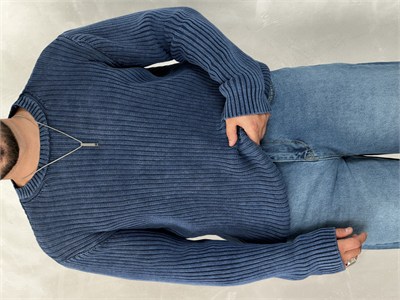 Asit Yıkama %100 Triko Bisiklet Yaka Sweatshirt Lacivert