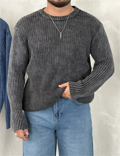 Asit Yıkama %100 Triko Bisiklet Yaka Sweatshirt Siyah