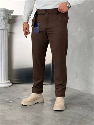 Asp Kendinden Kemerli Premium Duble Paça Kumaş Pantolon Acı Kahve