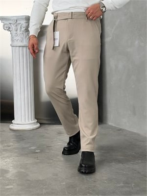 Asp Kendinden Kemerli Premium Duble Paça Kumaş Pantolon Bej