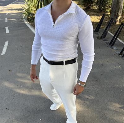 BAKLAVA DESEN YARIM FERMUAR TRİKO BEYAZ