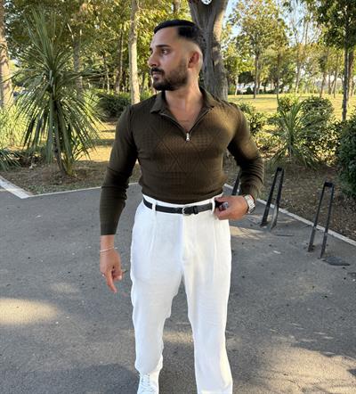 BAKLAVA DESEN YARIM FERMUAR TRİKO HAKİ YEŞİLİ