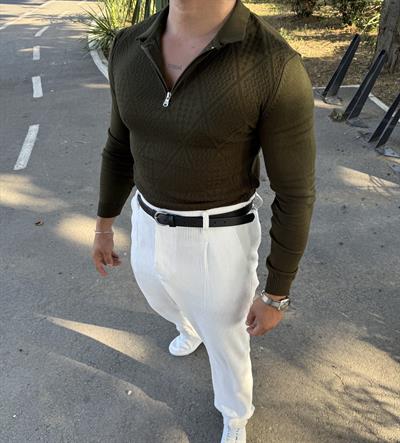 BAKLAVA DESEN YARIM FERMUAR TRİKO HAKİ YEŞİLİ