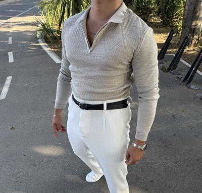 BAKLAVA DESEN YARIM FERMUAR TRİKO KREM