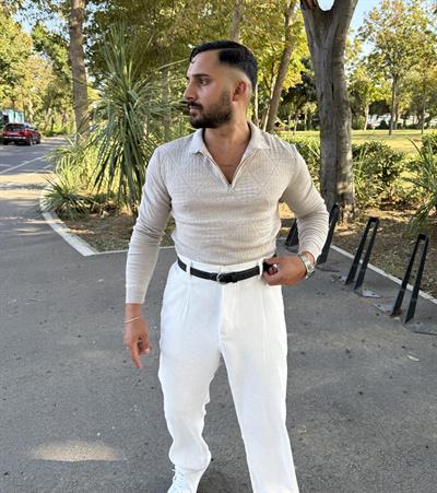 BAKLAVA DESEN YARIM FERMUAR TRİKO KREM