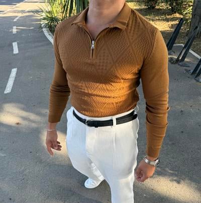 BAKLAVA DESEN YARIM FERMUAR TRİKO KREMİT