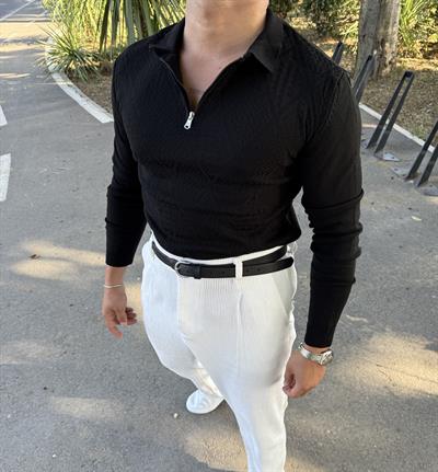 BAKLAVA DESEN YARIM FERMUAR TRİKO SİYAH