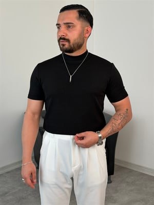 BALIKÇI YAKA KREP ÖRME TİŞÖRT SİYAH