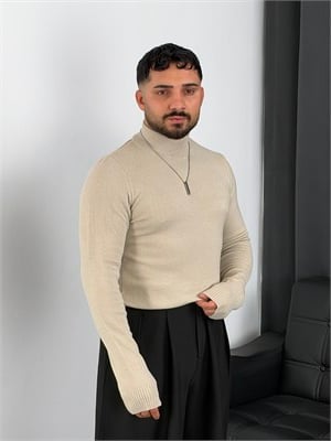 Basic Triko Balıkçı Yaka Sweatshirt Krem