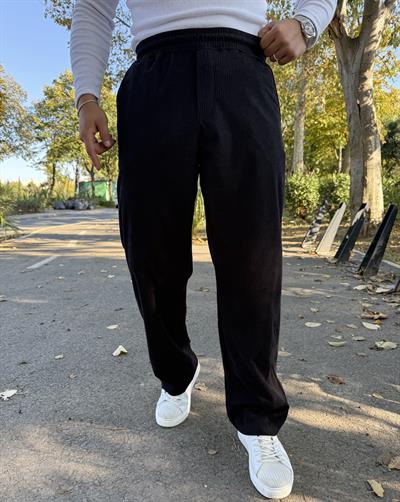 BELİ TAM LASTİK KADİFE BAGGY SİYAH