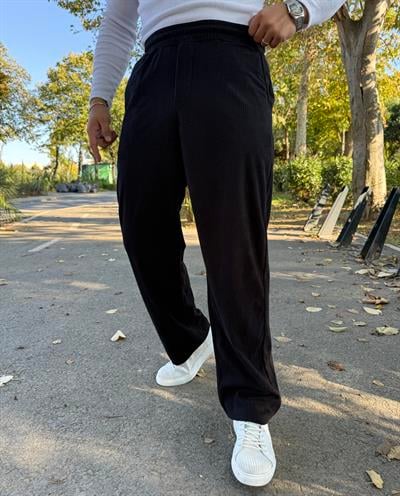 BELİ TAM LASTİK KADİFE BAGGY SİYAH