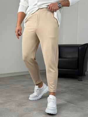 BELİ TAM LASTİK KREP BOYFRİEND PANTOLON BEJ