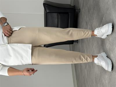 BELİ TAM LASTİK KREP BOYFRİEND PANTOLON BEJ