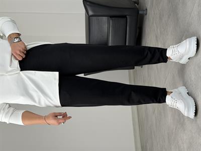 BELİ TAM LASTİK KREP BOYFRİEND PANTOLON SİYAH