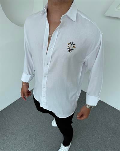 Buket Nakışlı Pamuk Keten Gömlek Beyaz