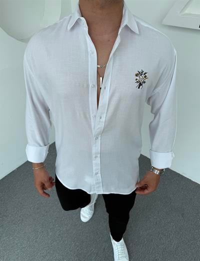 Buket Nakışlı Pamuk Keten Gömlek Beyaz