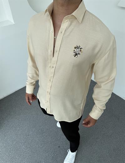 Buket Nakışlı Pamuk Keten Gömlek Krem