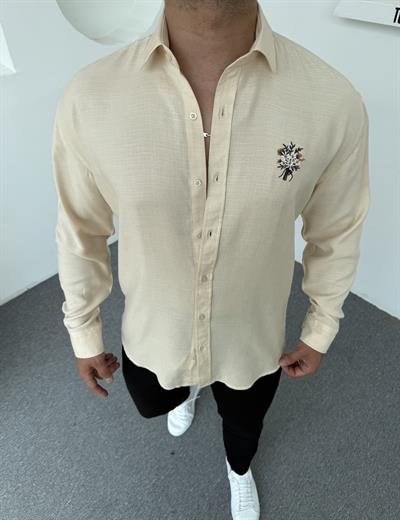 Buket Nakışlı Pamuk Keten Gömlek Krem
