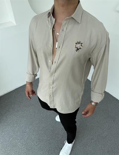 Buket Nakışlı Pamuk Keten Gömlek Taş Gri