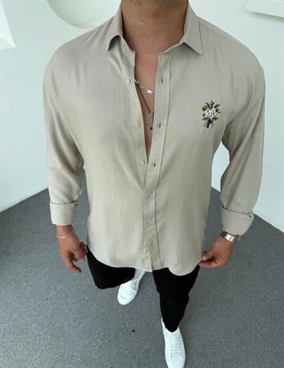 Buket Nakışlı Pamuk Keten Gömlek Taş Gri