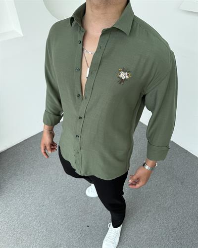 Buket Nakışlı Pamuk Keten Gömlek Yeşil