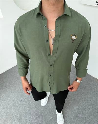 Buket Nakışlı Pamuk Keten Gömlek Yeşil