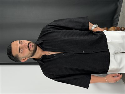 BURGU DESEN KARE KALIP KISAKOL OVERSİZE GÖMLEK SİYAH