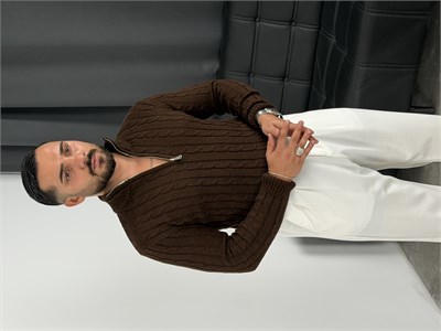 Burgu Yarım Fermuar Triko Sweatshirt Acı kahve