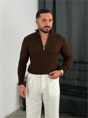 Burgu Yarım Fermuar Triko Sweatshirt Acı kahve
