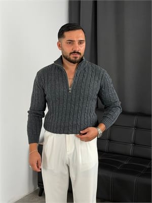 Burgu Yarım Fermuar Triko Sweatshirt Antrasit