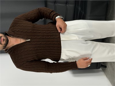 Burgu Yarım Fermuar Triko Sweatshirt Acı kahve