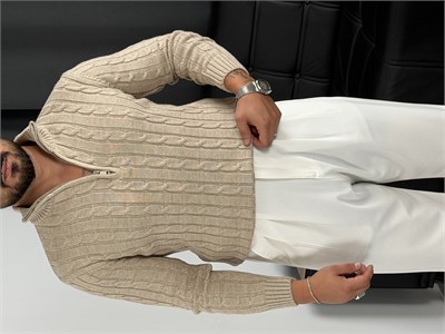 Burgu Yarım Fermuar Triko Sweatshirt Bej