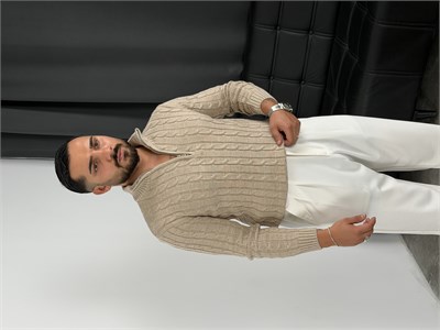 Burgu Yarım Fermuar Triko Sweatshirt Bej