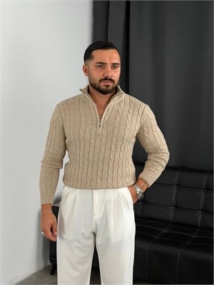 Burgu Yarım Fermuar Triko Sweatshirt Bej