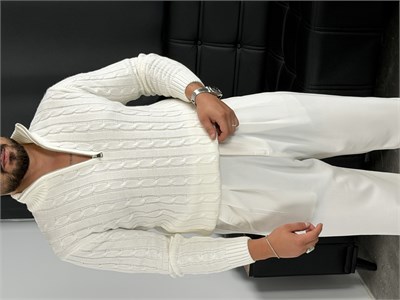 Burgu Yarım Fermuar Triko Sweatshirt Ekru
