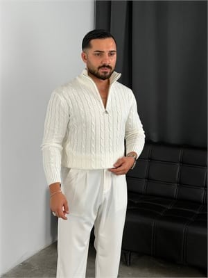 Burgu Yarım Fermuar Triko Sweatshirt Ekru