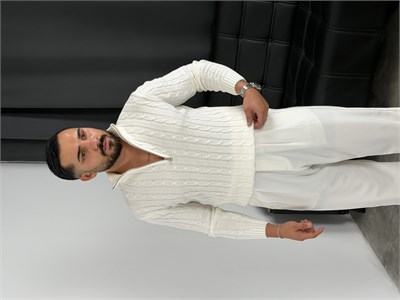 Burgu Yarım Fermuar Triko Sweatshirt Ekru