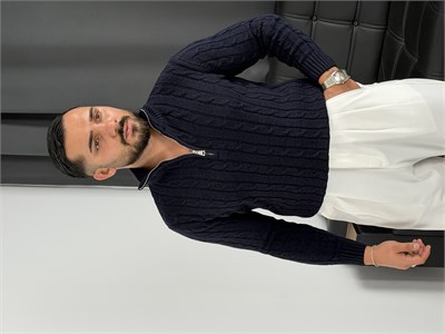 Burgu Yarım Fermuar Triko Sweatshirt Lacivert